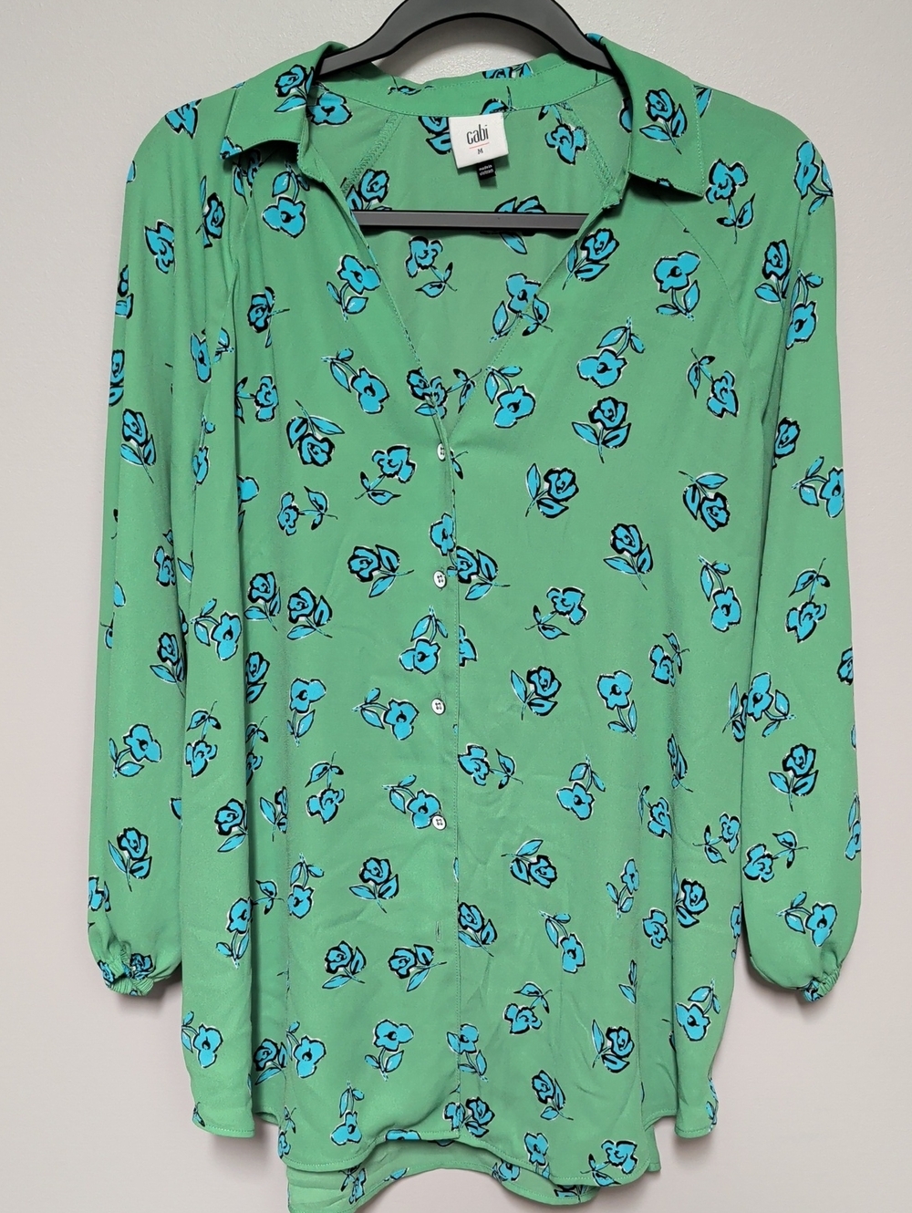 CAbi Green Button-Down Top with Blue Floral Print